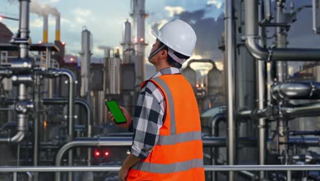 back view of asian male engineer with safety helmet working on a green screen smartphone and looking around while standing in a refinery, oil processing equipment and machinery
