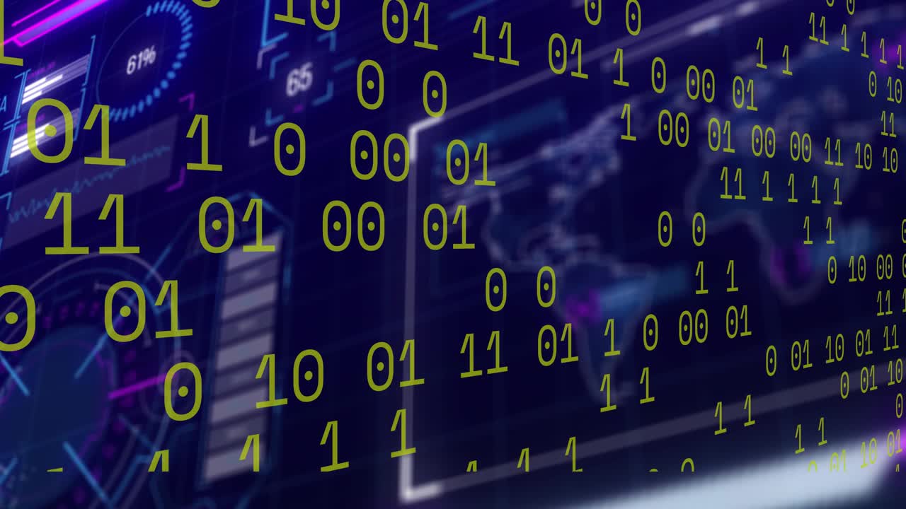 On play, binary digits scrolling across dashboard, revealing map and gauges, conveying analytics