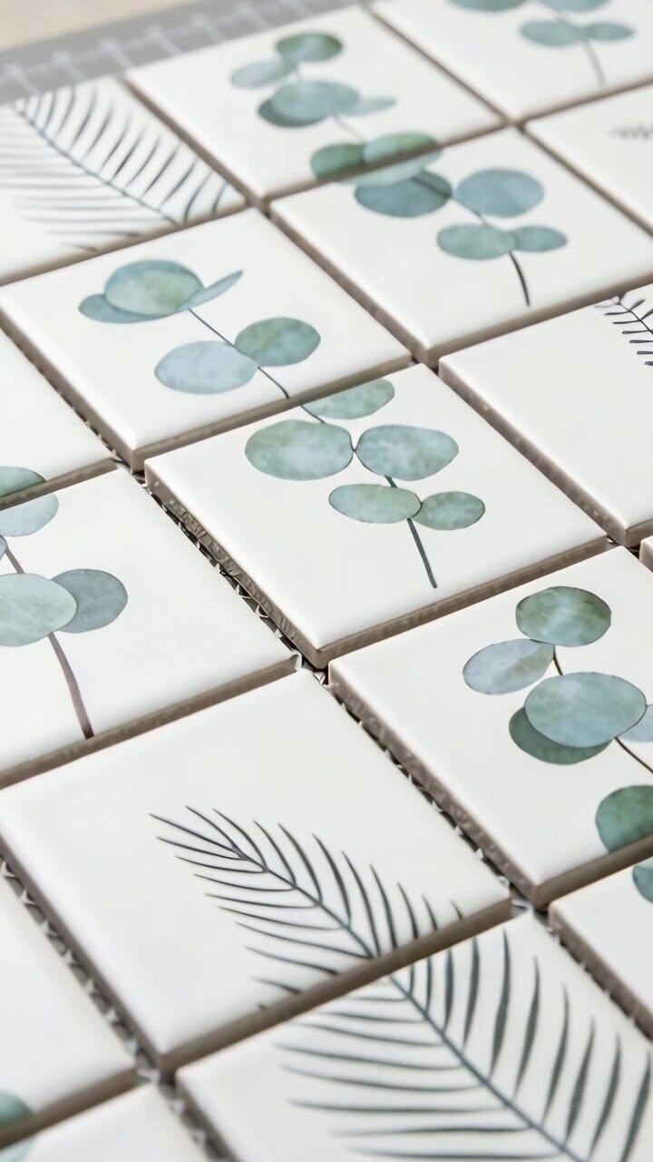 Vertical video: Panning camera over tile sheet on tabletop, revealing eucalyptus prints and grout