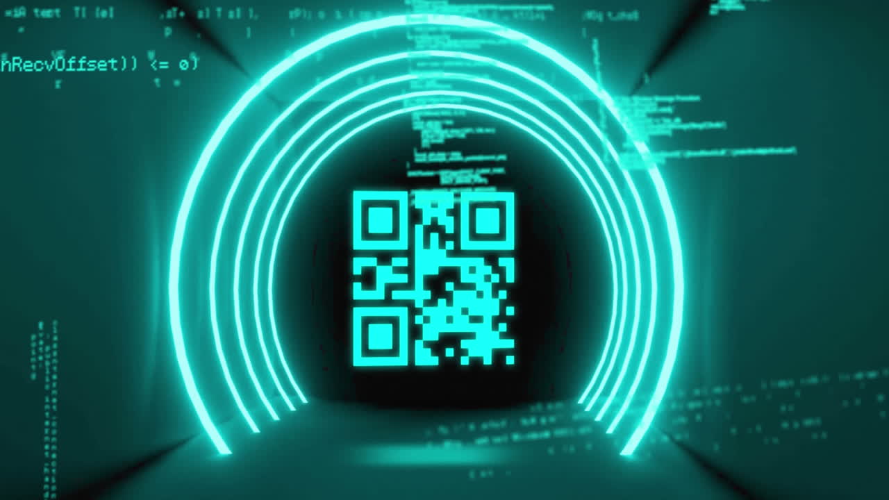 animación del código qr en un túnel circular iluminado sobre el lenguaje de programación
