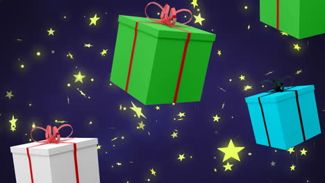 animation of christmas presents over stars falling on blue background