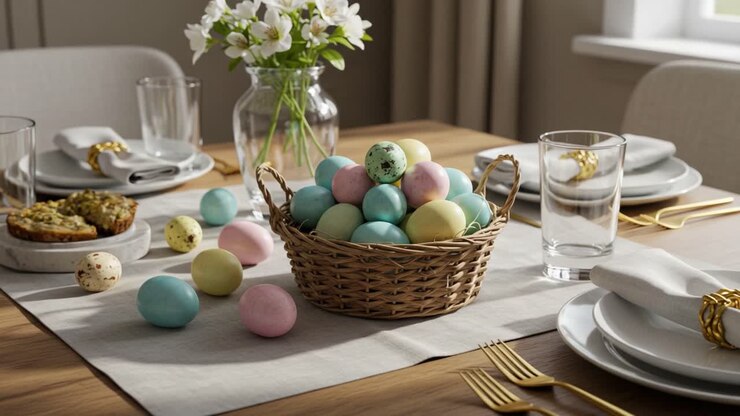 A Beautifully Set Dining Table with Colorful Easter Eggs in a Basket Surrounded by Fresh Flowers, Perfect for Celebrating Springtime and Family Gatherings