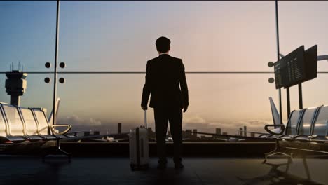 full body back view of asian businessman with rolling suitcase waits for flight in boarding lounge at the airport, walking and looking around, airplane takes off outside the window