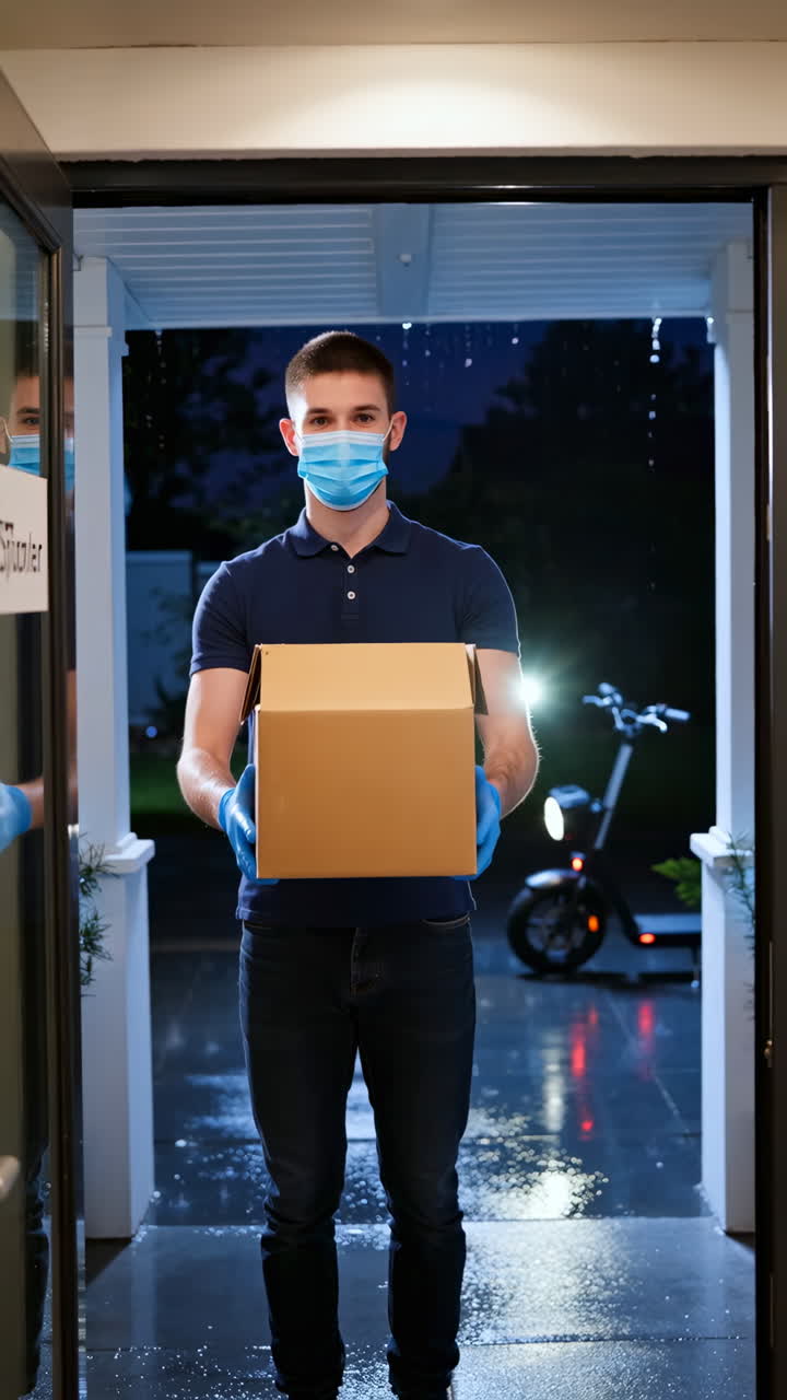 A masked delivery person hands over a package at night