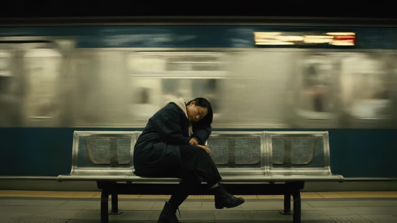 A solitary figure in a subway station, feeling the weight of time as trains rush by, portrayed in a moment of stillness amidst the motion of urban life