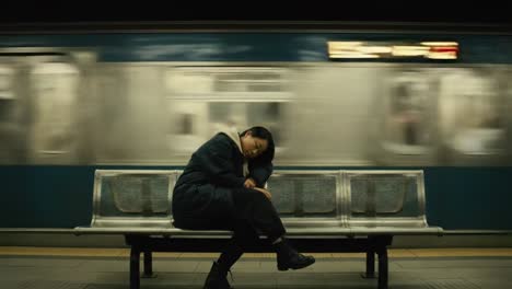 a solitary figure in a subway station, feeling the weight of time as trains rush by, portrayed in a moment of stillness amidst the motion of urban life