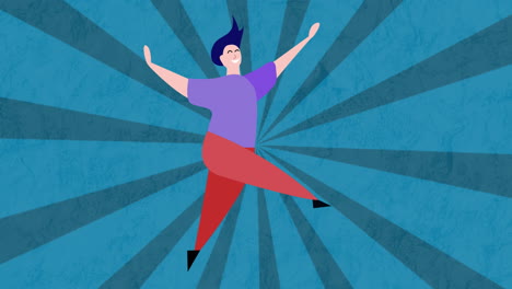 animation of illustration of happy man dancing for joy over rotating blue stripes