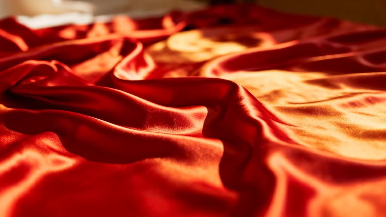 Fotocamera che mette a fuoco un tessuto di raso rosso che si sposta su un letto, luce calda che si muove tra le pieghe