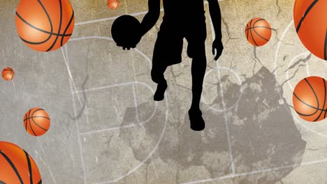 Animation-of-silhouette-of-basketball-player-with-basketballs-on-basketball-court-background