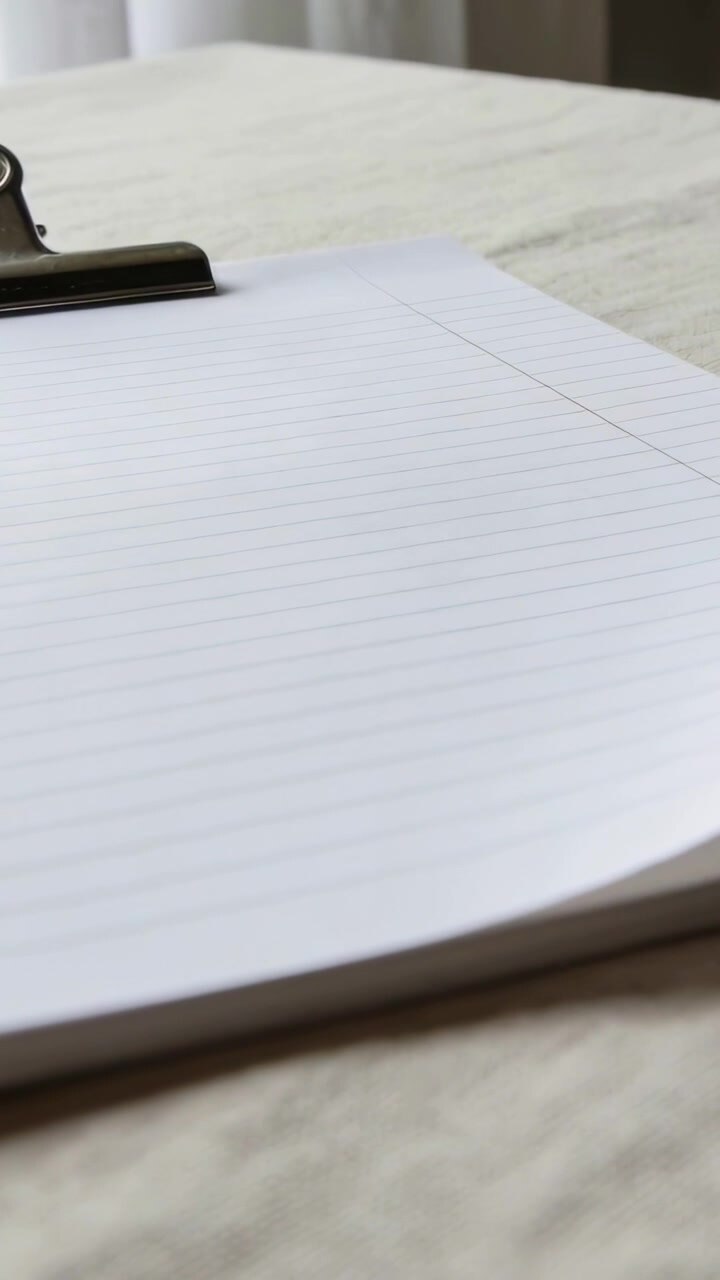 Vertical video: Showing lined paper clipped to metal clip on tabletop by curtains, camera shifting