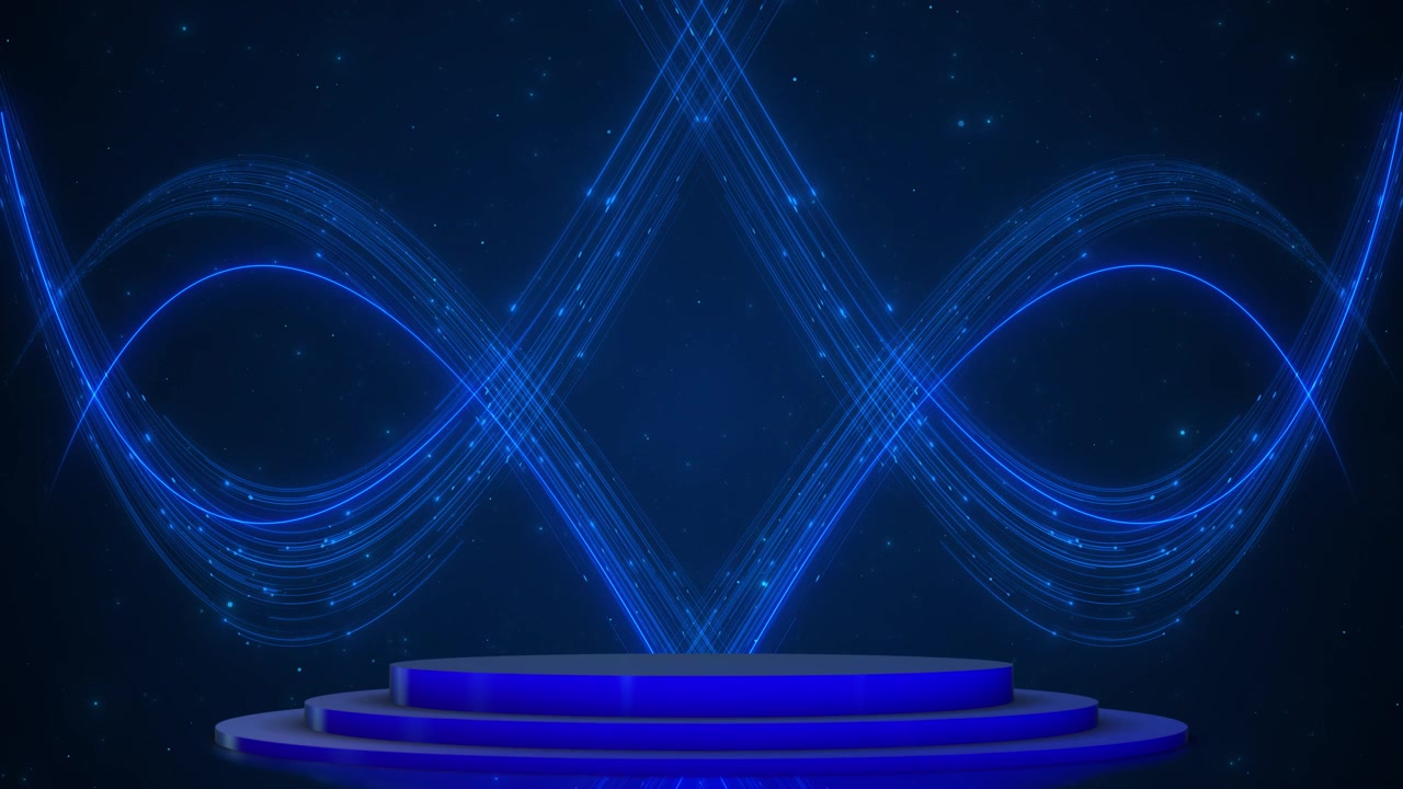 Blå uendelighedslys scenebaggrund med glødende sløjfebølger, stjernepartikler og futuristisk podium.