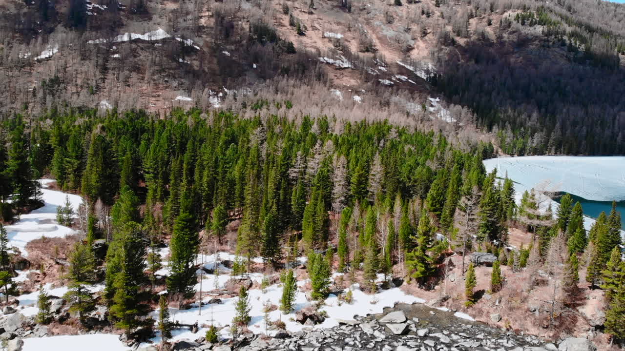 Mountain Forest Landscape with Snow and Frozen Lake