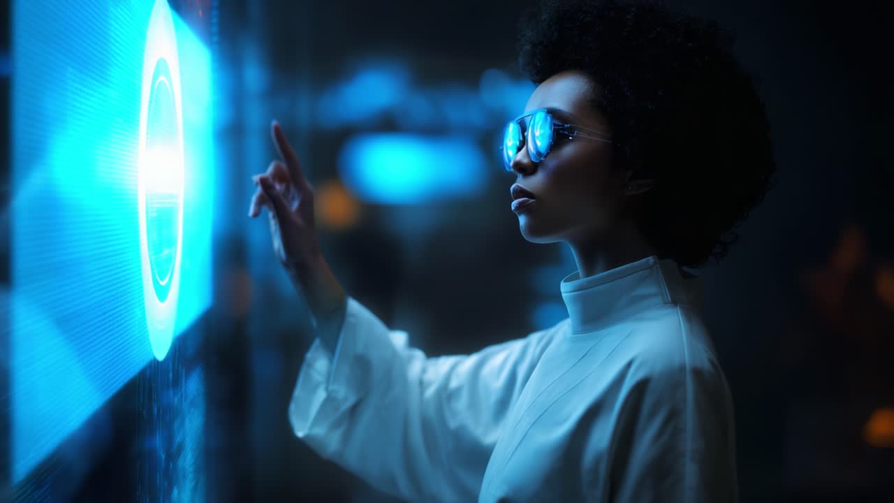 A futuristic exploration where an individual engages with a digital interface, showcasing technology and innovation in a vibrant, high-tech environment filled with glowing visuals and information