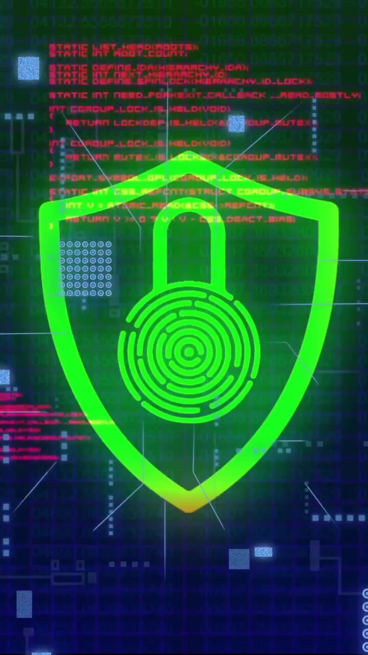 Animation of data processing with padlock icon and computer circuit board on black background