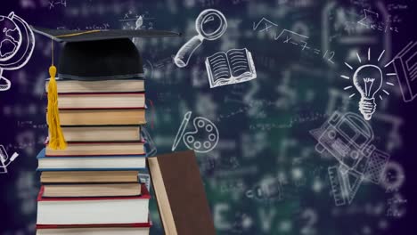 Digital-composition-of-graduations-hat-on-stack-of-books-against-school-icons-and-mathematical-equat