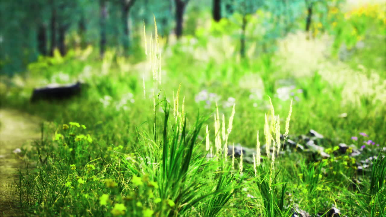 Lush green forest path with wildflowers and tall grass in afternoon light