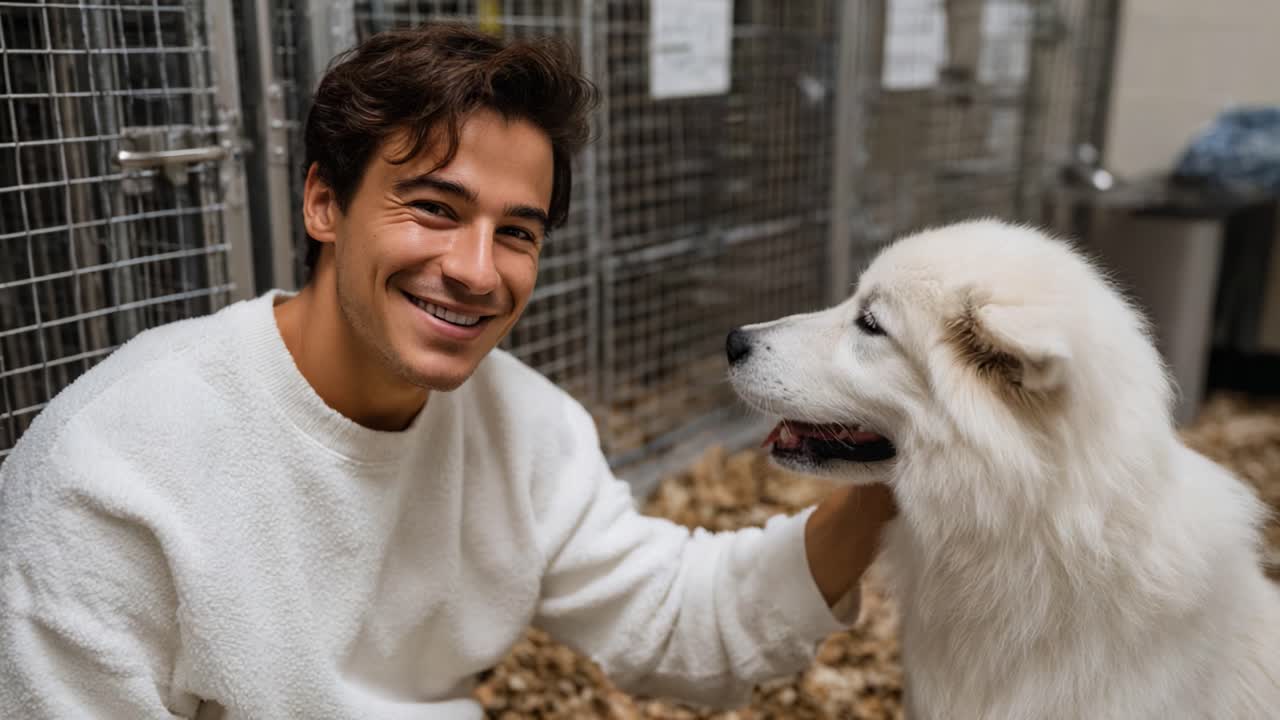 A Heartwarming Moment Between a Young Man and a Fluffy Samoyed Dog in an Animal Shelter, Capturing the Bond of Friendship and Love in a Caring Environment