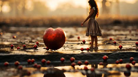 a girl in a dress explores a giant heart among scattered fruits at sunrise