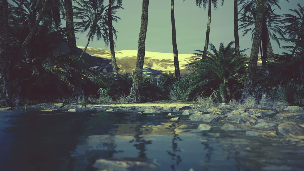 Serene tropical landscape featuring water and palm trees at dusk
