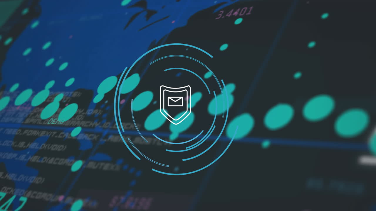 Shield icon holding envelope spinning within aqua HUD rings, scattering turquoise dots