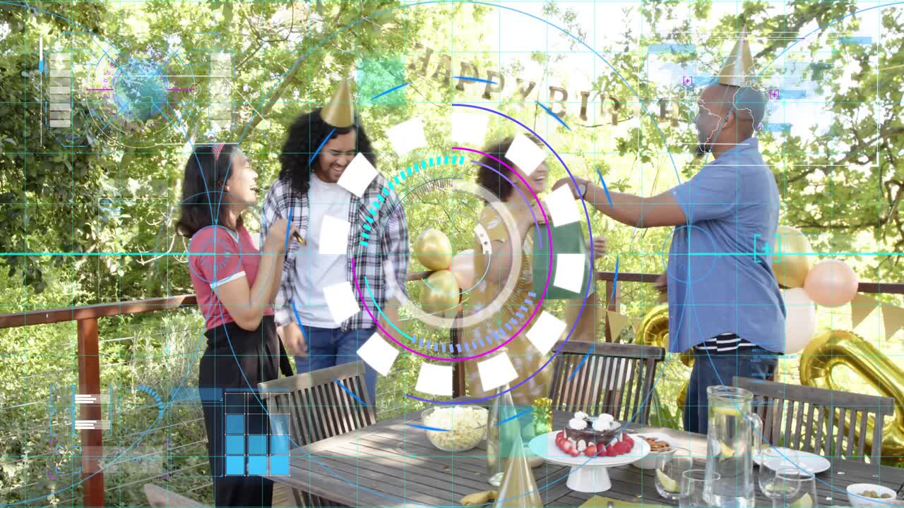 Plaid celebrant accepting gifts from friends, hugging, confetti falling, HUD showing cake birthday