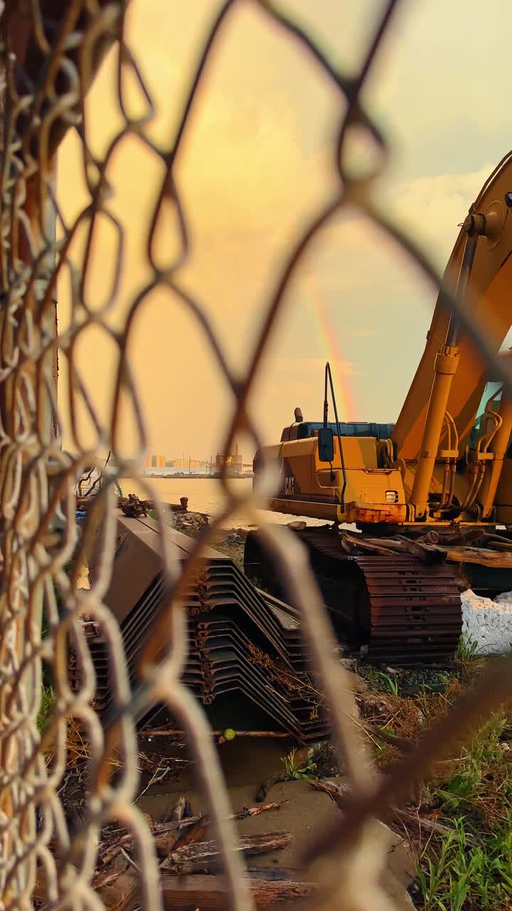 New York, USA, 25 April 2025: Construction Excavator Behind Fence With Waterfront Rainbow. Yellow excavator behind chain-link fence near brick wall and waterfront with faint rainbow at sunset