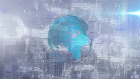 Animation-of-globe,-digital-chain-and-cityscape