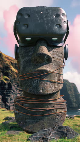 ancient stone heads wearing headphones on an island generative art