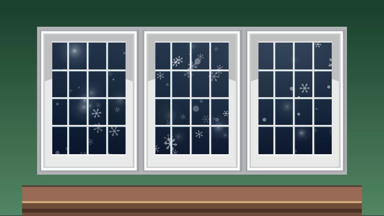 Stylized animation of white snowflakes drifting past a dark window during a winter night.
