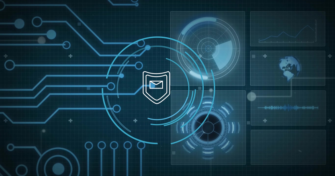 Animation of data processing and clock on black background