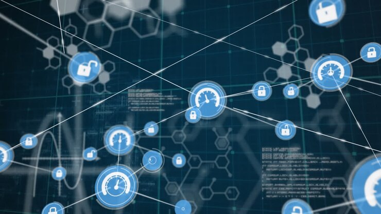 Animation of digital icons and medical data processing against blue background