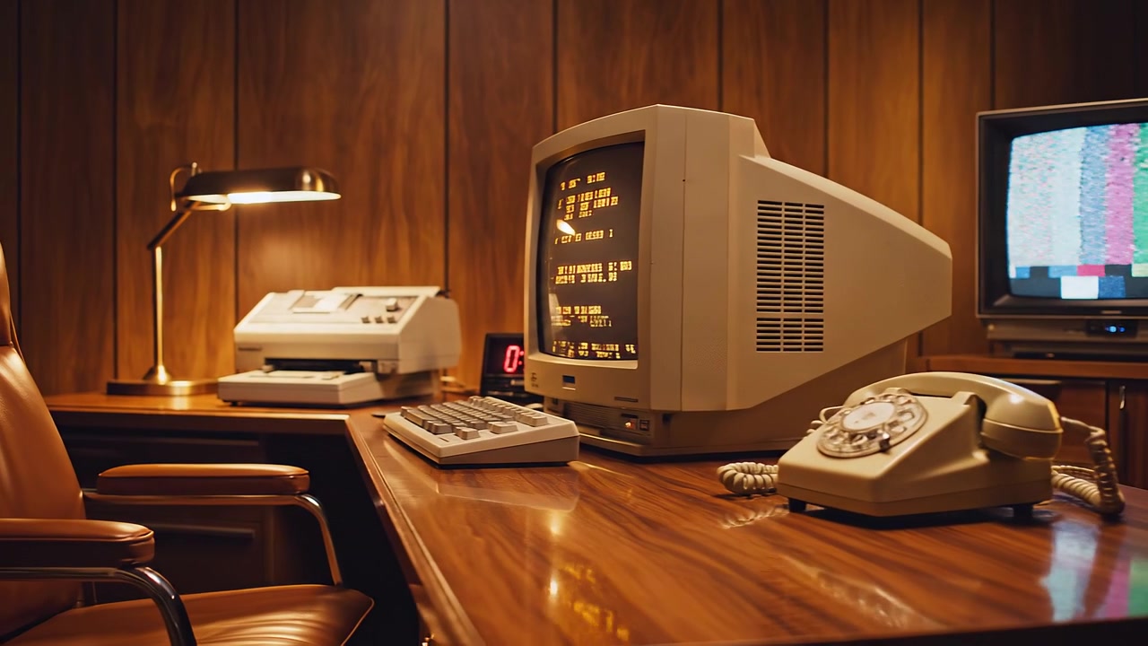 Ufficio vintage retrò con monitor CRT e telefono a disco