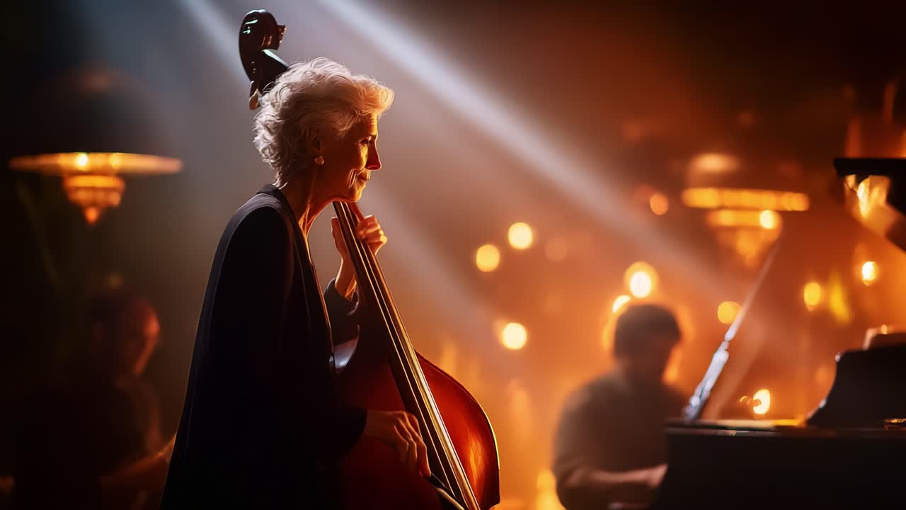 An Enchanting Evening of Jazz: A Musician Plays the Double Bass Against a Backdrop of Glowing Lights, Creating an Atmosphere of Intimacy and Magic in a Cozy Venue