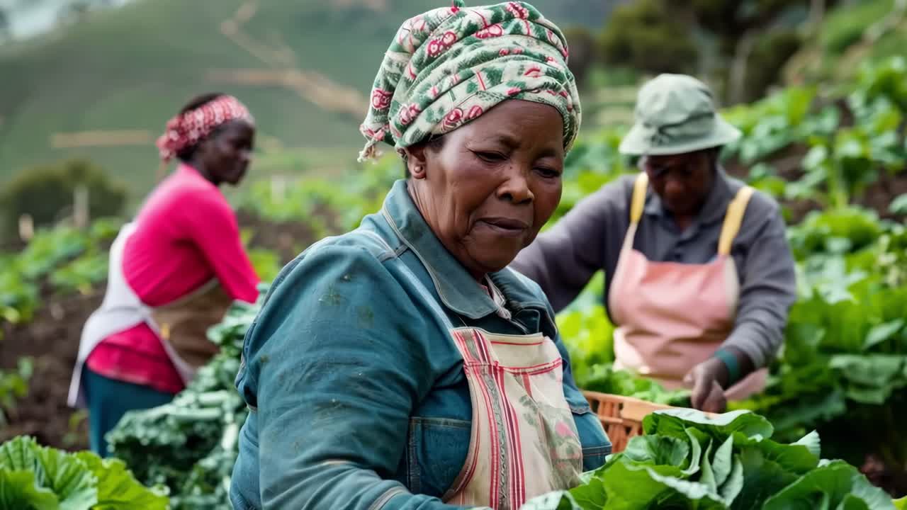 Video captures a low-angle view of farmers harvesting lettuce in a lush field, emphasizing teamwork