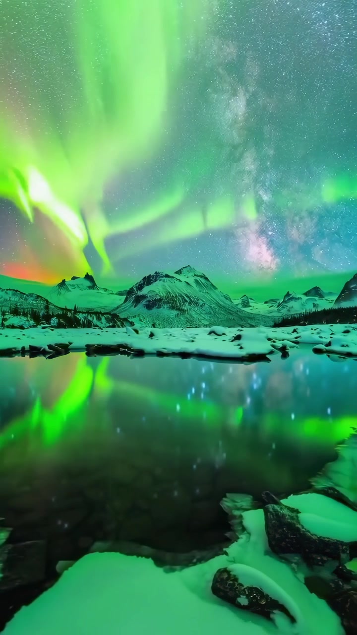 Vivace aurora boreale che si riflette in un lago di montagna innevato di notte