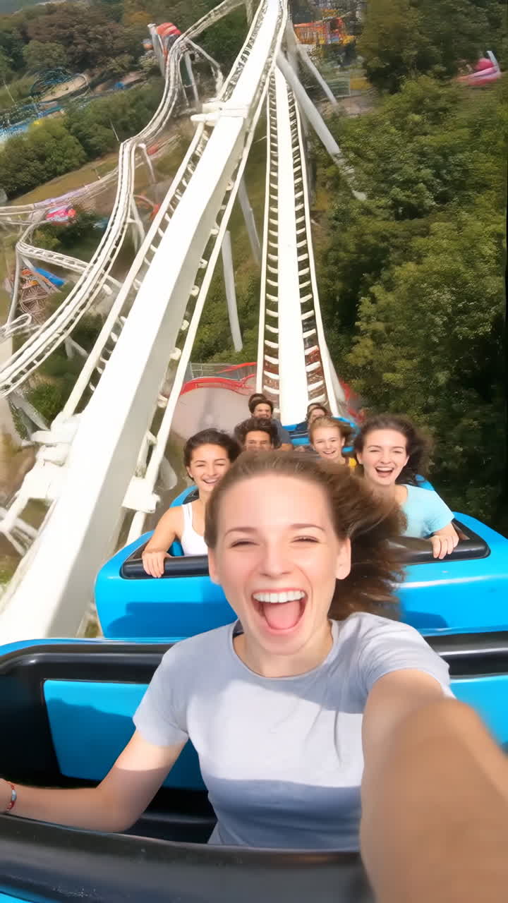 A group of excited people screaming and having fun on a rollercoaster ride at an amusement park