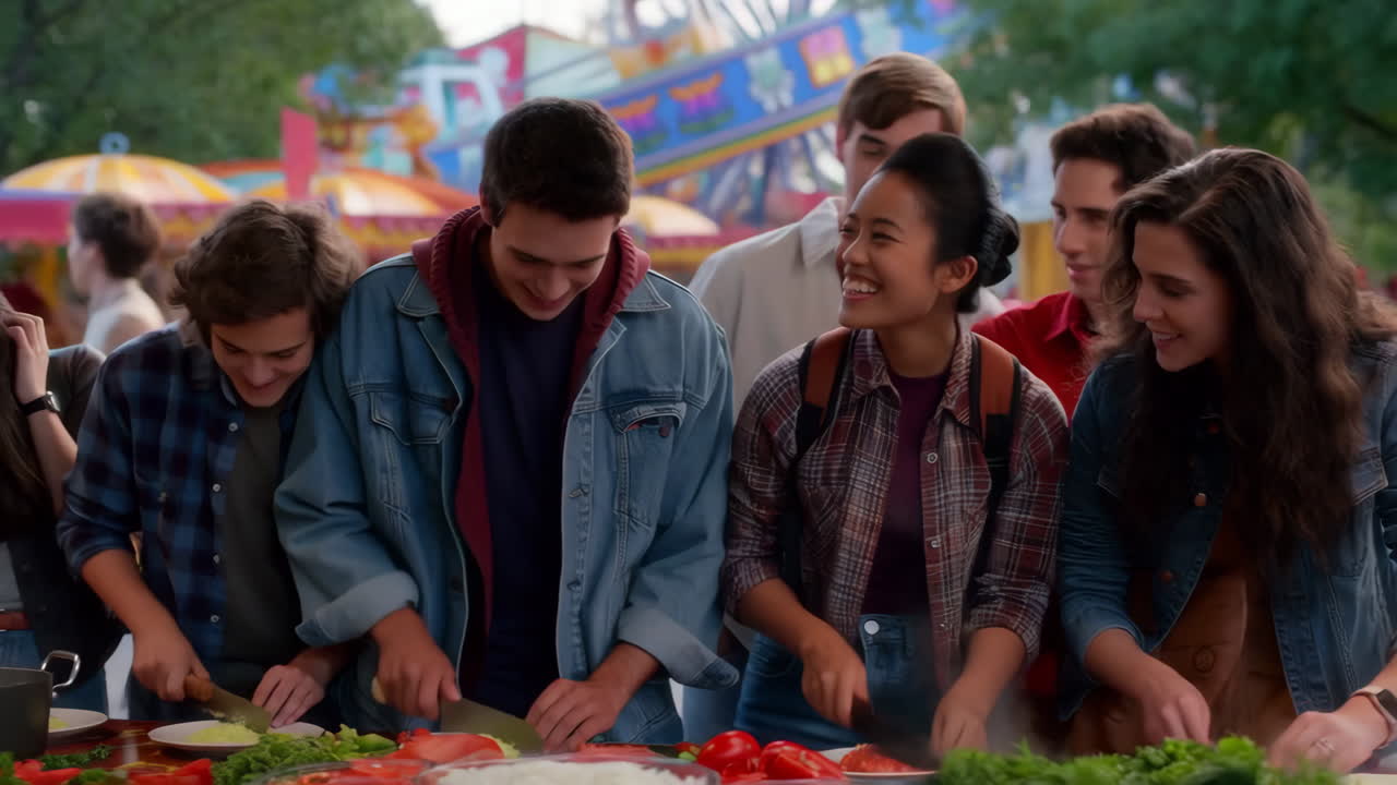 Teenagers Cooking Together at a Fairground