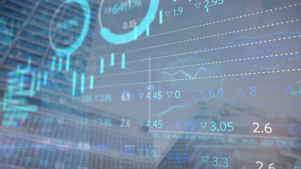 Animation of financial data processing over cityscape