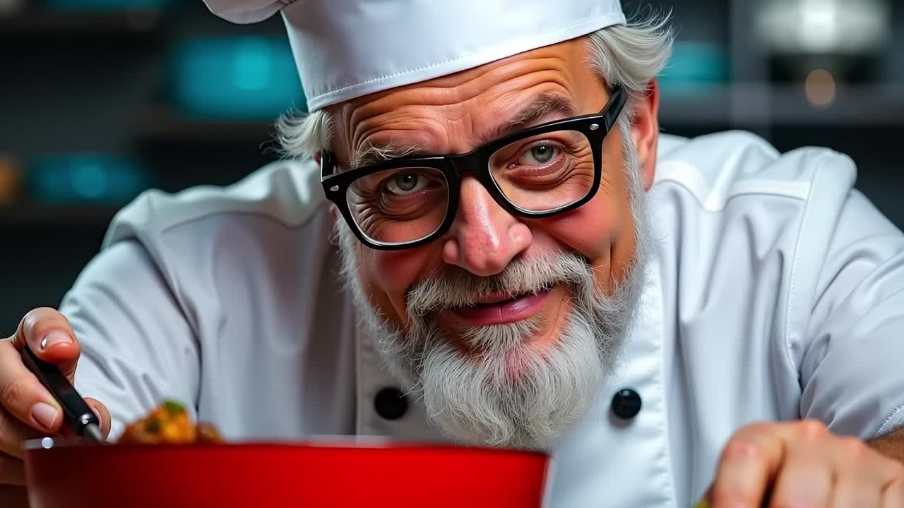A man in a chef's hat and glasses eating a bowl of food