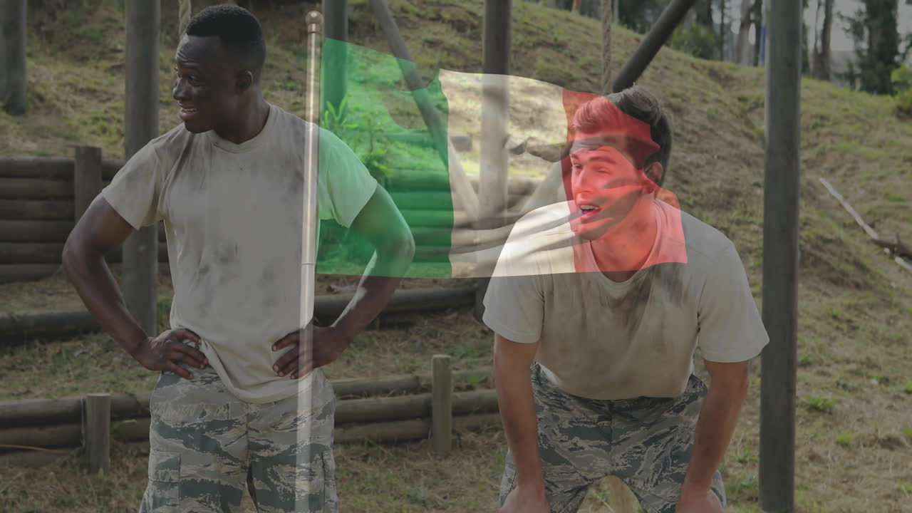 Resting outdoors, two soldiers with Italian flag overlay in peaceful setting
