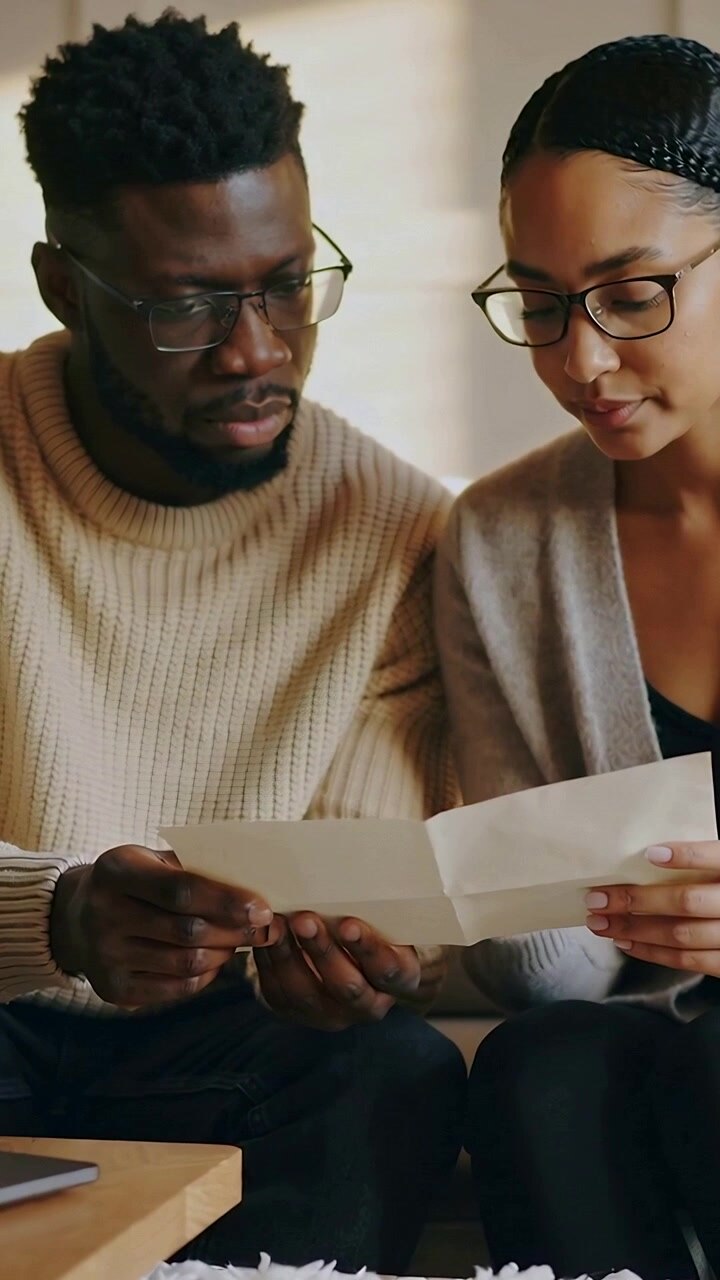 Vertikal video: Par i trøjer og briller holder brev, læser på sofaen og tjekker detaljer.