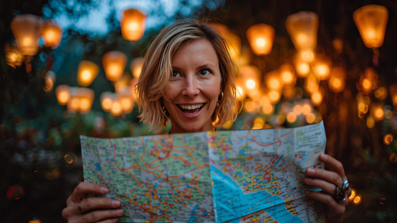 Filmisk nærbillede af en kvindelig turist, der holder og læser et papirkort ved en udendørs lanternefestival om natten, varme bokeh-lys og rejseplanlægningskoncept.