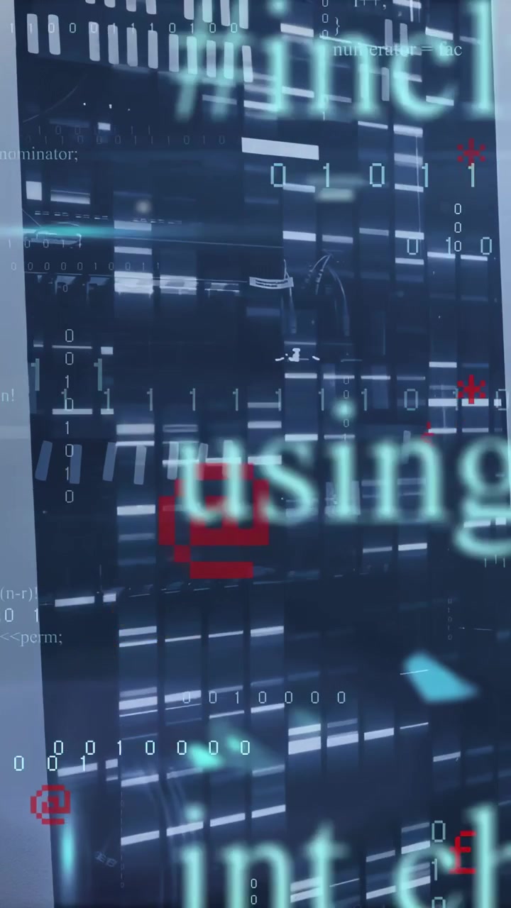 Vertical video: View shifting down starting overlay, tech rack showing data, red marks monitoring