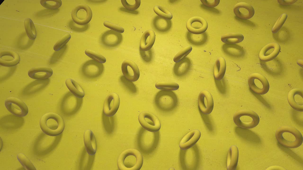 animado amarillo alegre. animación 3d de un fondo de contorno sin costuras de cubos amarillos brillantes soleados, bagels, cilindros, giratorios. genial para presentaciones. ponga su propio texto en él