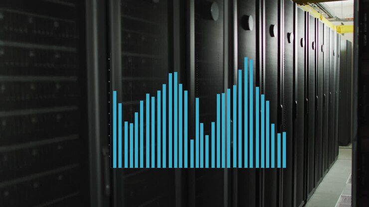 Data processing on a blue graph over computer server room