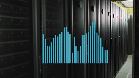 procesamiento de datos en un gráfico azul sobre la sala de servidores de computadoras.