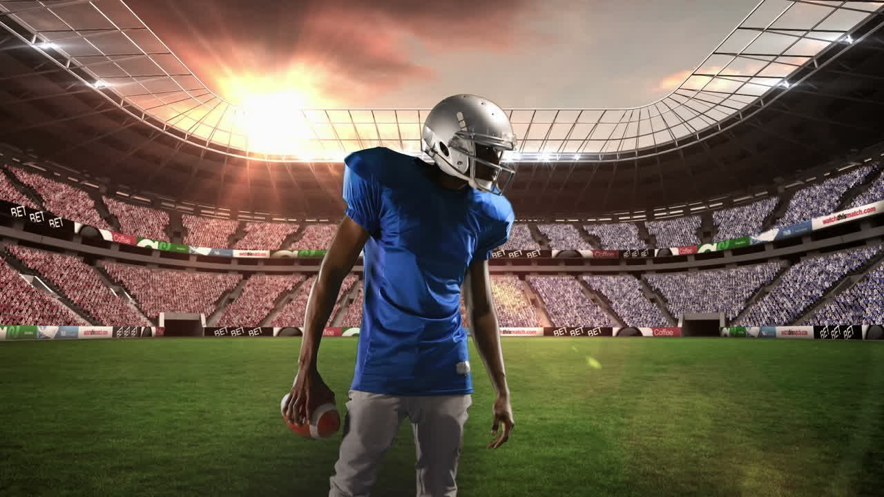 Animace hráče amerického fotbalu nad sportovním stadionem.