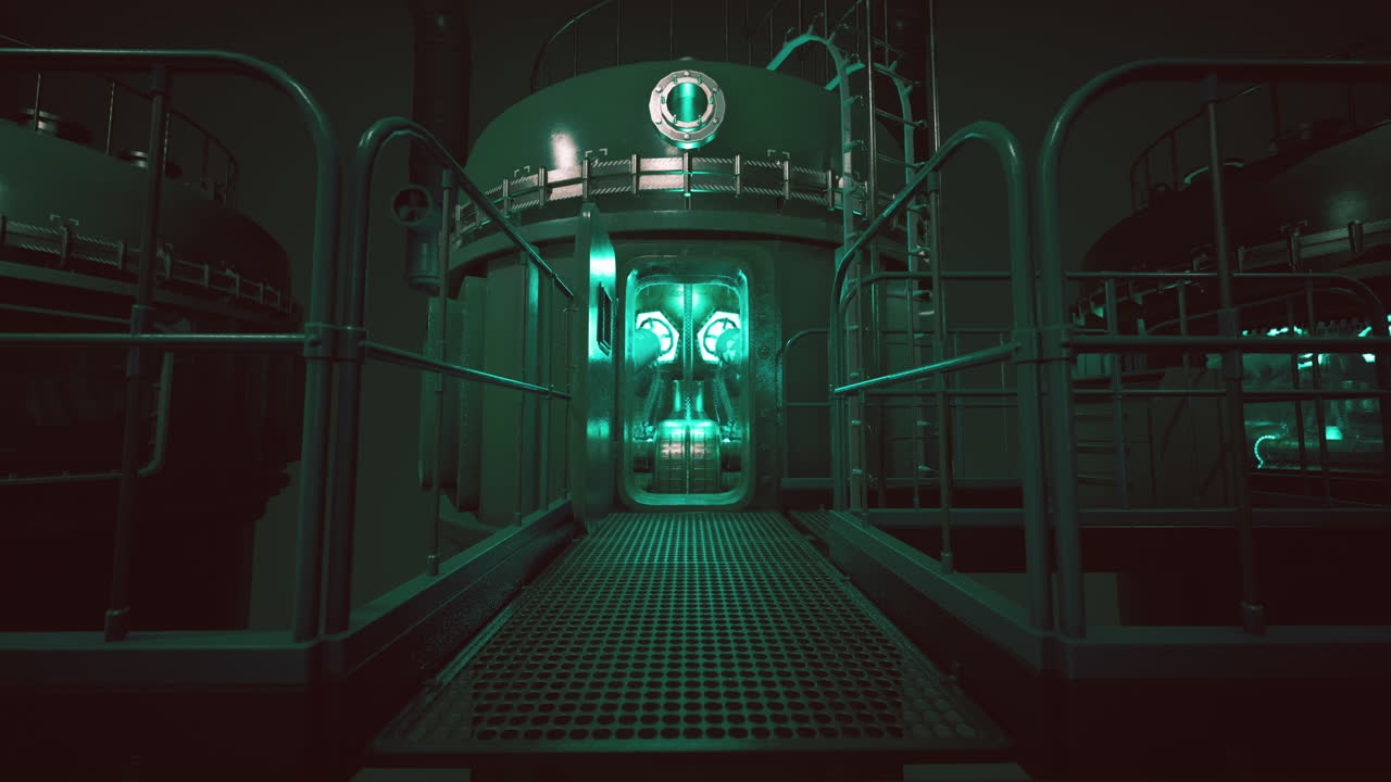 misteriosa puerta de cráneo brillante en un entorno industrial oscuro