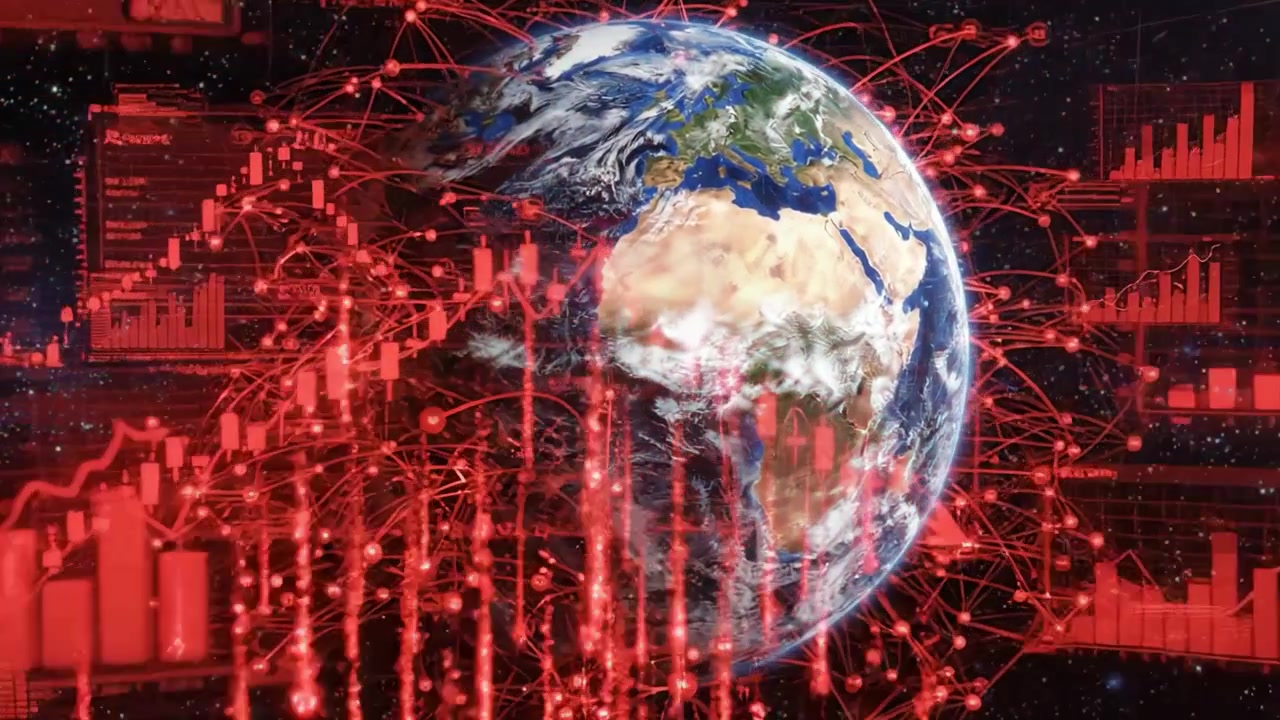 Ein digitales Universum: Visualisierung der Erde, umgeben von Datenströmen und Finanzdiagrammen, die globale Konnektivität und Analysen betonen.