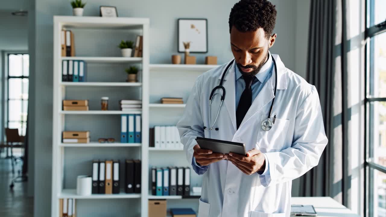 Un medico con un camice bianco guarda un tablet in un ufficio moderno. Il video utilizza un angolo medio.